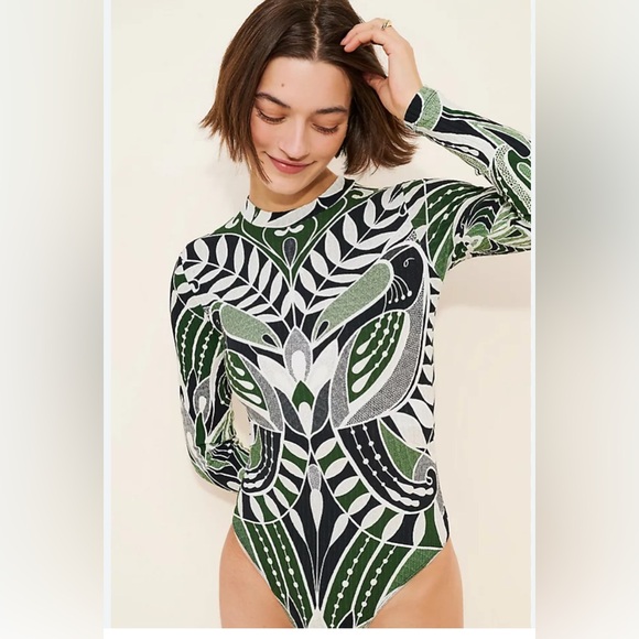 FARM Rio Tops - FARM Rio Puff Sleeve Green and Black Bodysuit